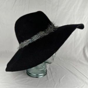 Womens Boho Wide Brim Floppy Hat Black OS Wool Feather Trim